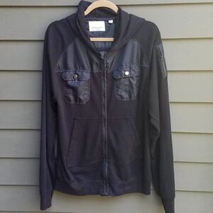 Paper Denim & Cloth Waffle Weave Zip Front Hooded Jacket Black Size Large